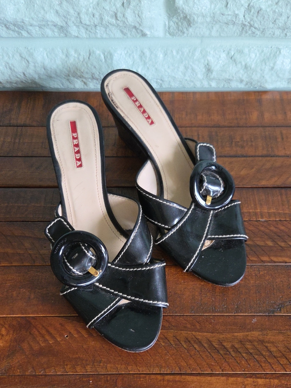 Prada Black Patent Leather Slide Heel Sandals Decorative Buckles Size 9.5 / 10